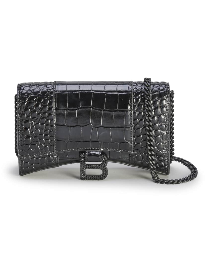 Balenciaga Women's Hourglass Mini Handbag with Chain Crocodile Embossed - Black