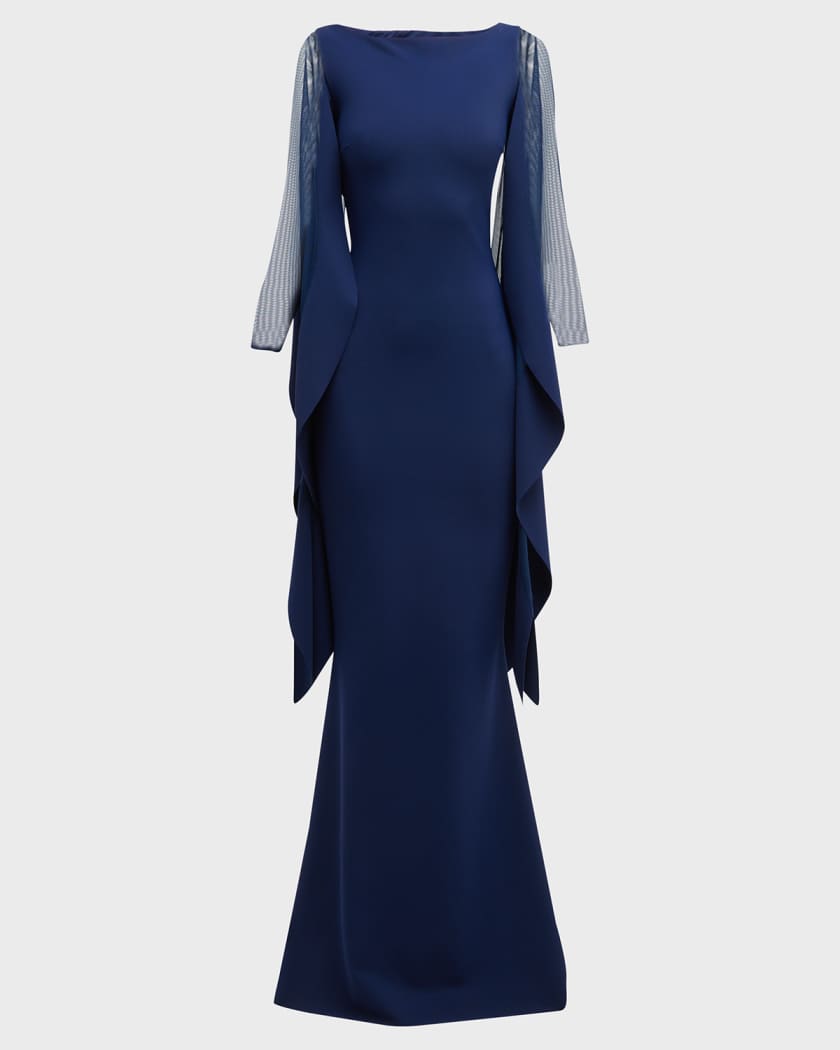 Kacey Illusion-Sleeve Cape Gown