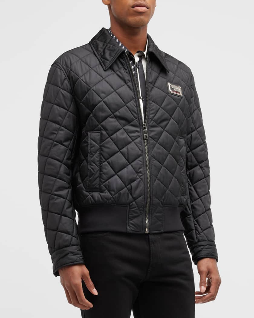 Dolce&Gabbana Men's Quilted Nylon Bomber Jacket w/ Logo Plaque