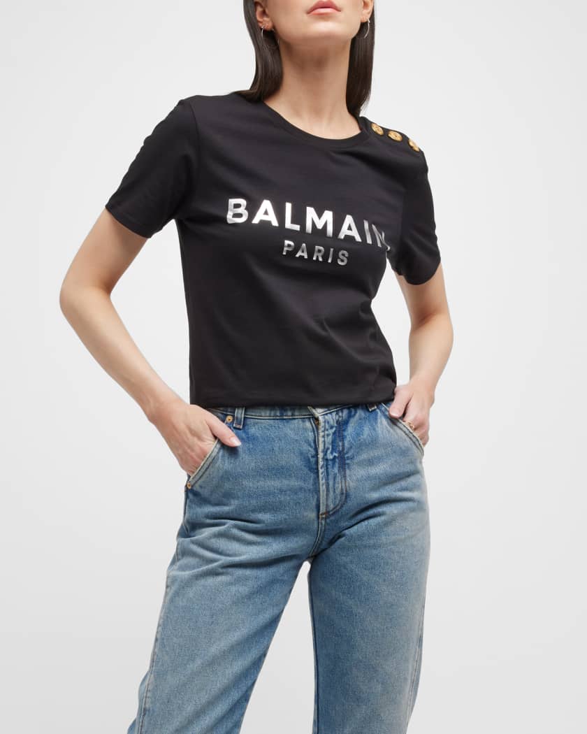 Balmain 3-Button Metallic Logo T-Shirt Neiman Marcus