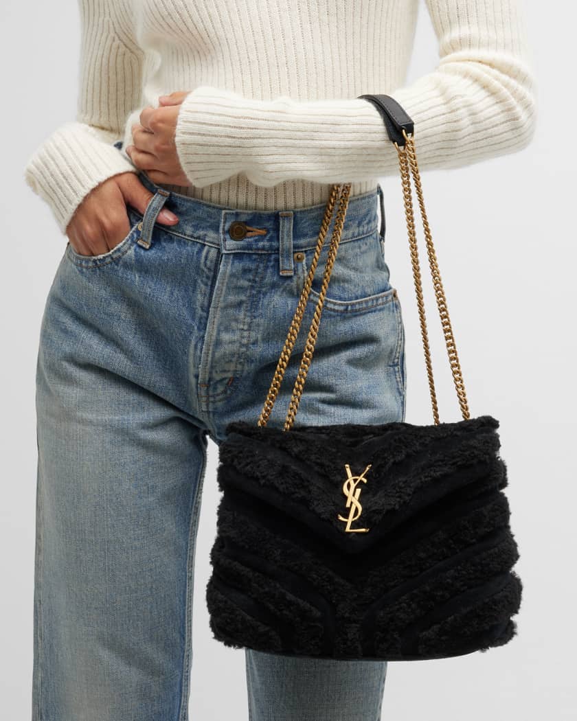 Saint Laurent Loulou Small Ysl Shearling Shoulder Bag Nero