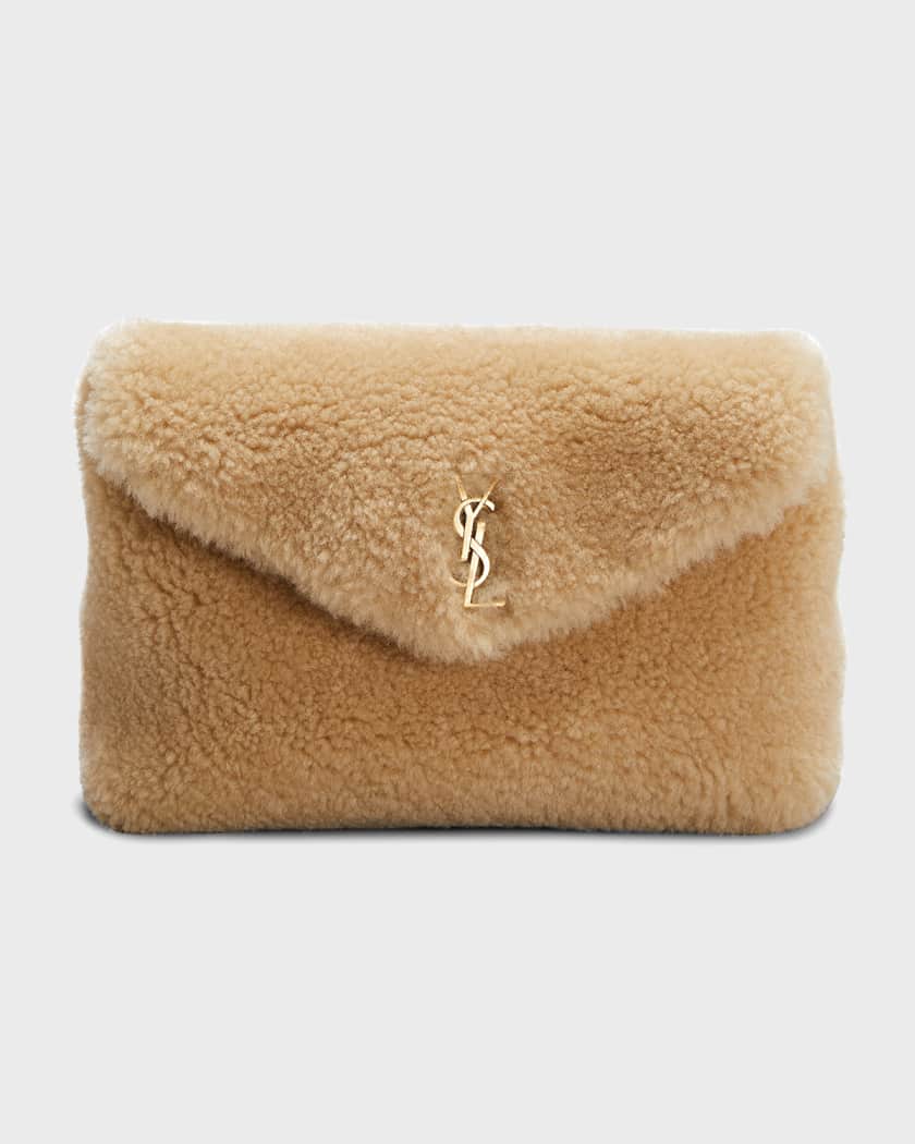 Saint Laurent Puffer Small Ysl Shearling Pouch Clutch Bag Natural Beige