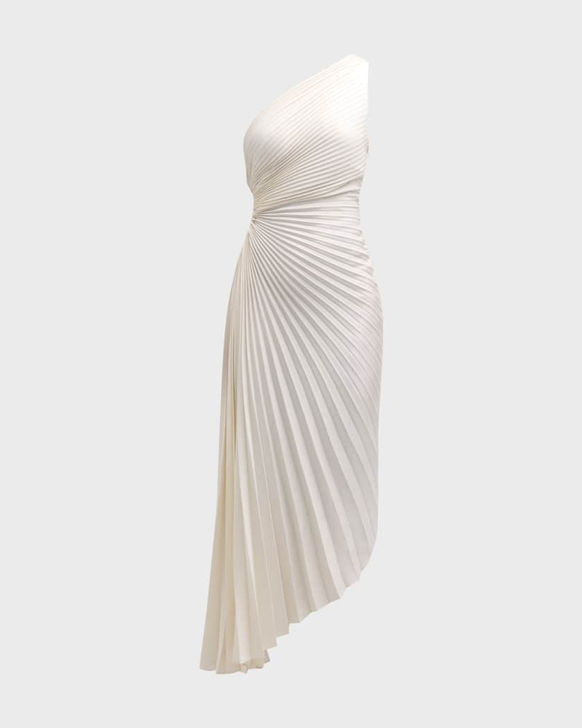 Delfina Pleated Long Asymmetric One-Shoulder Dress