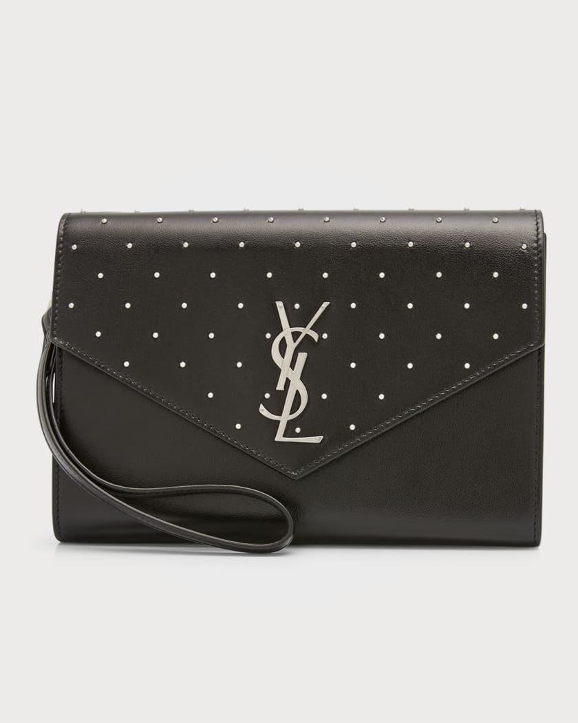 Saint Laurent Stud Leather YSL Flap Clutch Bag | Neiman Marcus