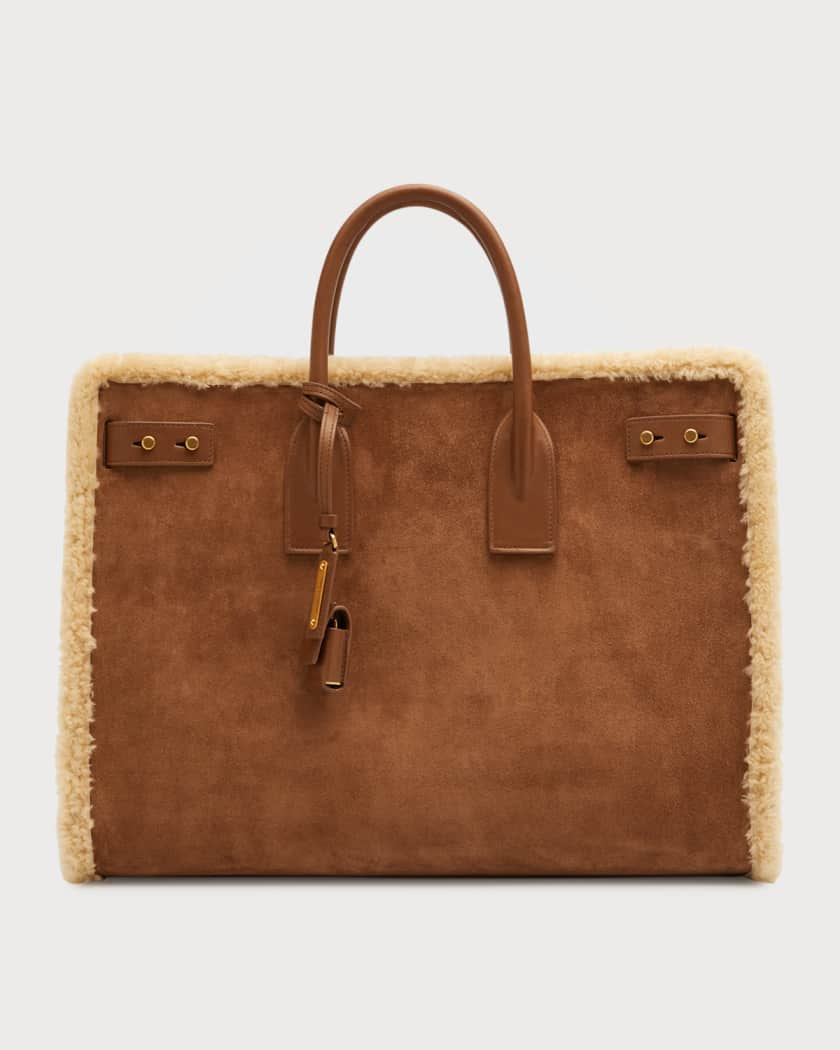 Neiman Marcus Brown Leather Trim Shearling Tote Bag