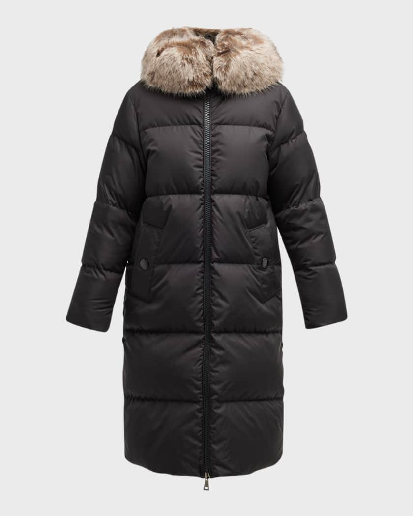 Moncler Women's Marre Long Puffer Coat with Shearling Trim