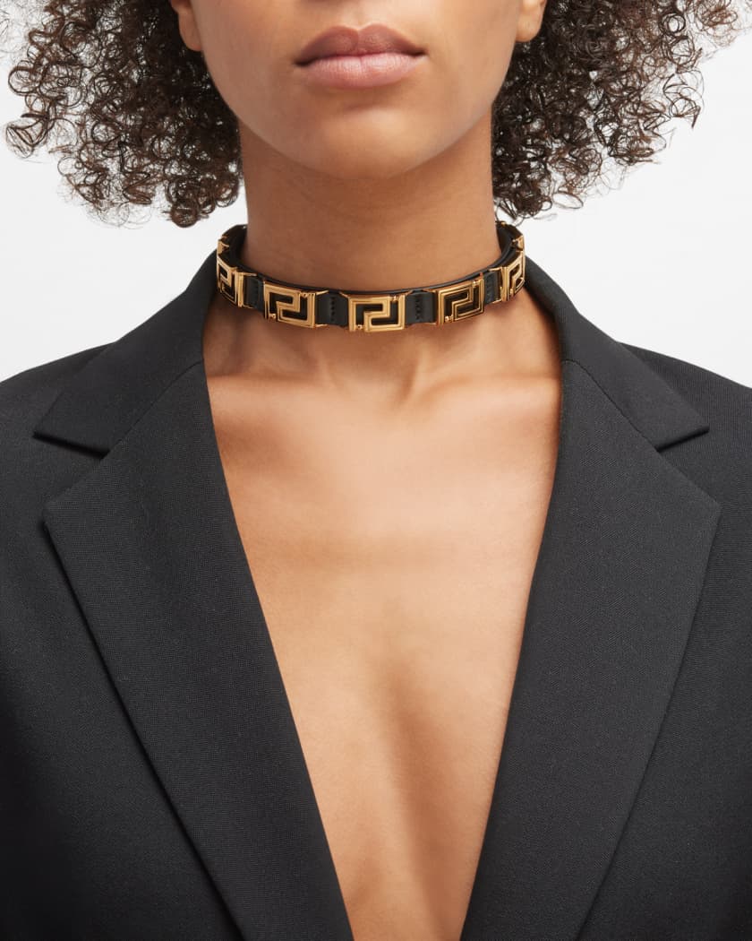 Versace Greca Leather Choker Necklace Black-Versace Gold