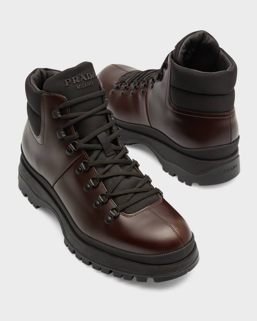 Prada Men's Brucciato Leather Lace-Up Hiking Boots | Neiman Marcus