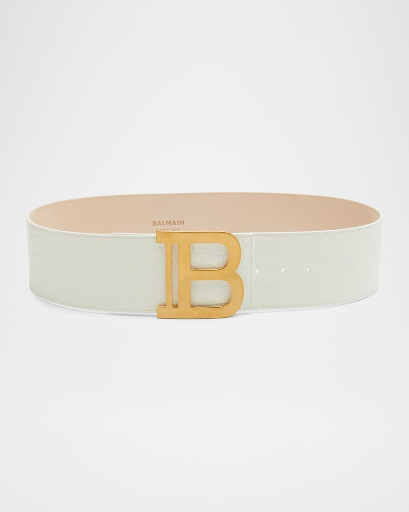 Logo Buckle Croc Embossed Leather Belt