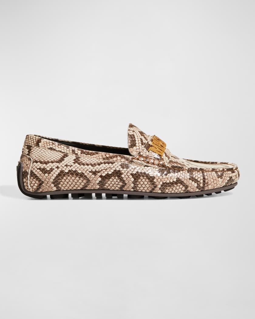 Migration liner Tear Moschino Men's Embossed Leather Logo Driving Loafers | Neiman Marcus