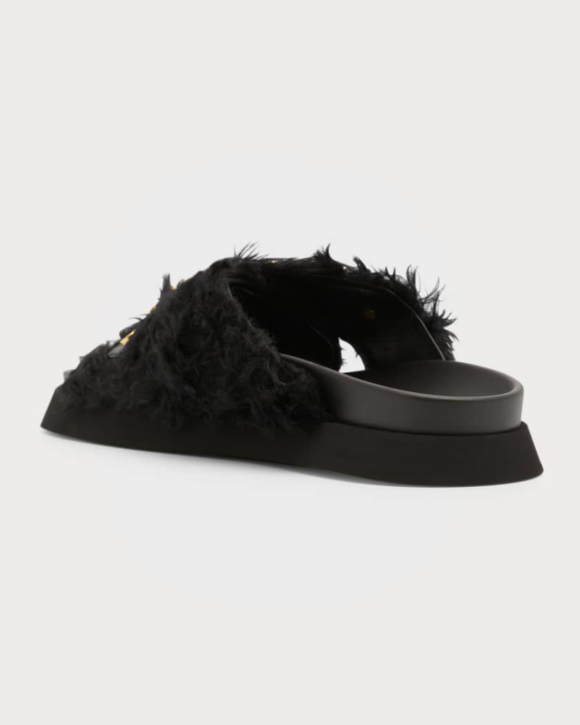 Moschino Men s Faux Fur Logo Leather Slides Neiman Marcus