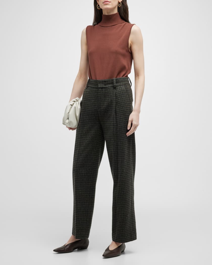 Wool-Cashmere Check Plaid Wide-Leg Pants