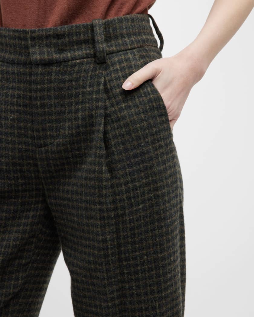 Wool-Cashmere Check Plaid Wide-Leg Pants