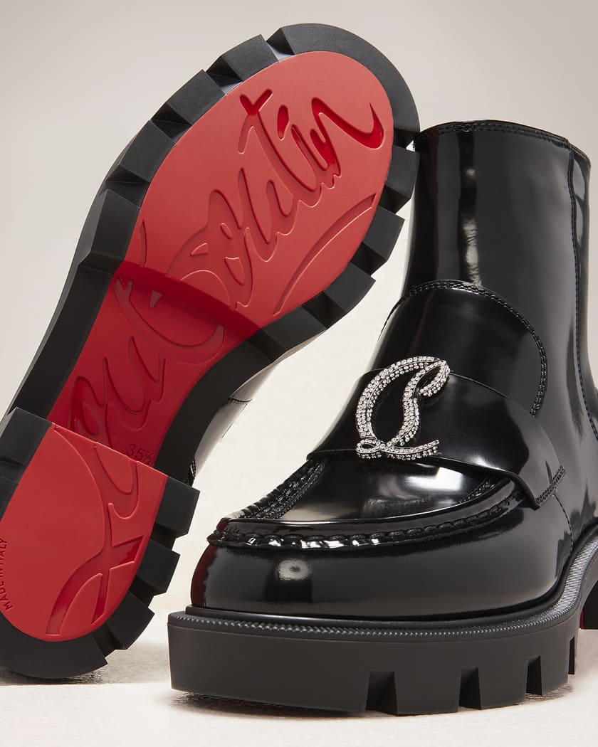 CHRISTIAN LOUBOUTIN Leather Ankle Boots Black Crystal W/ Red Soles