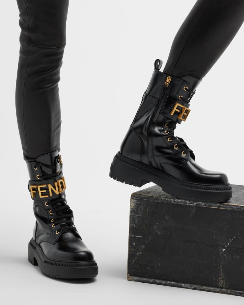 Fendi Men's Monogram Lace-Up Biker Boots