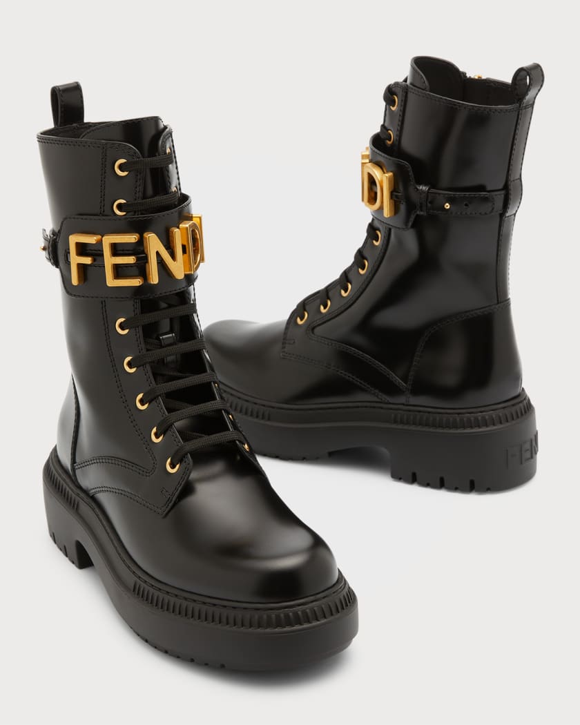 Fendi Logo Plaque Lace-up Biker Boots in Black