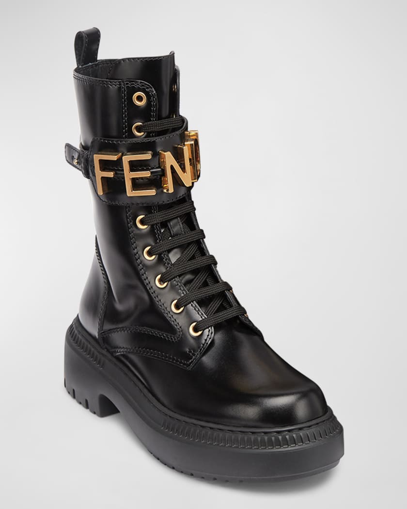 Fendi 50 Logo Leather Biker Boots in Black