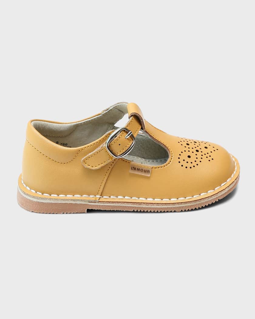 Slippers in Smooth Leather with Hook-and-Loop Strap, for Babies - yellow,  Shoes
