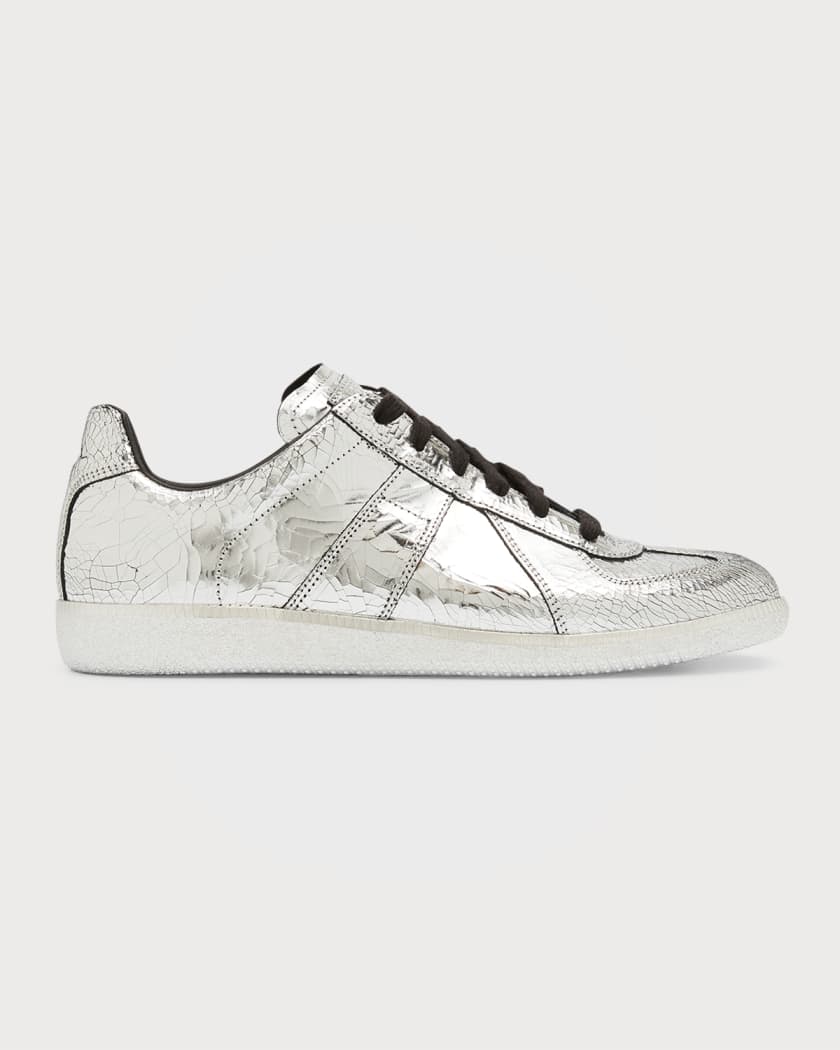 Replica Louis Vuitton LV Trainer Sneakers In Silver Metallic Calfskin