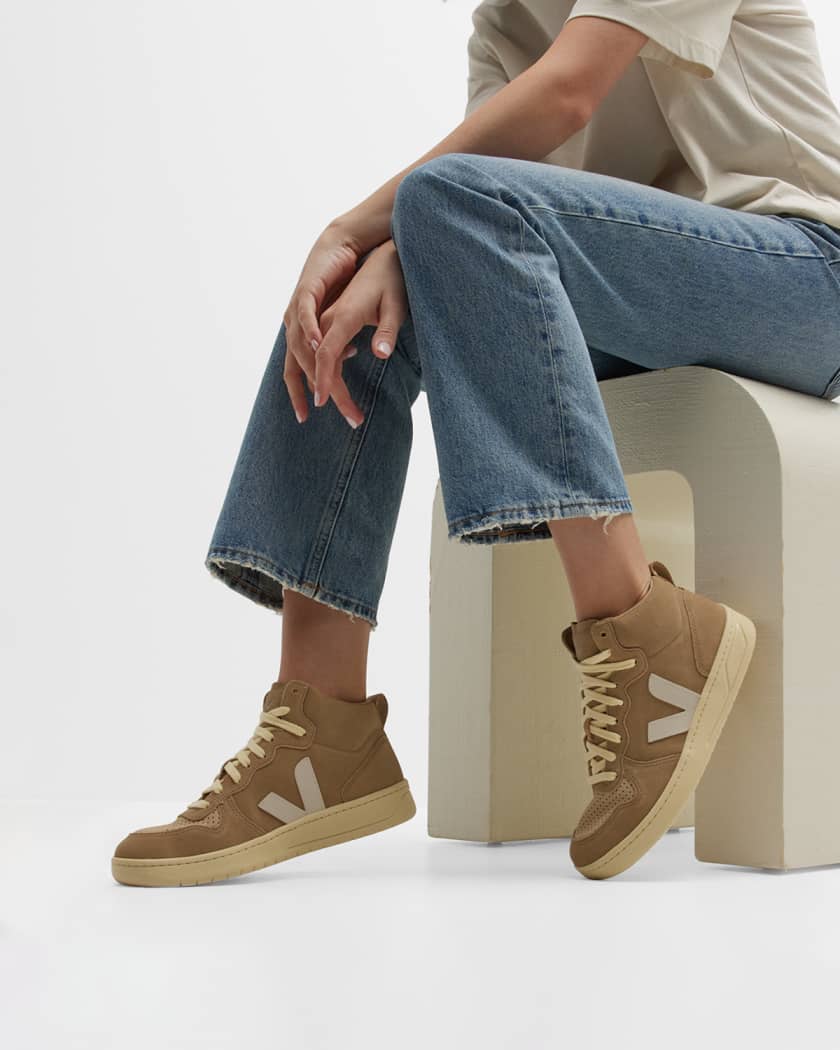 VEJA V-15 Bicolor Mixed Leather High-Top Sneakers | Neiman Marcus