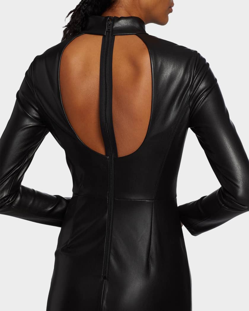 ALICE + OLIVIA Delora Vegan Leather Mock-Neck Midi Dress | Neiman Marcus