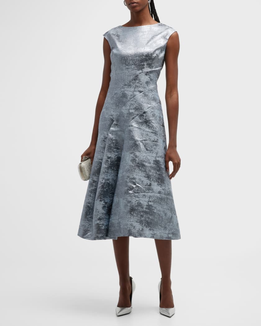 Pleated Metallic Jacquard Midi Dress