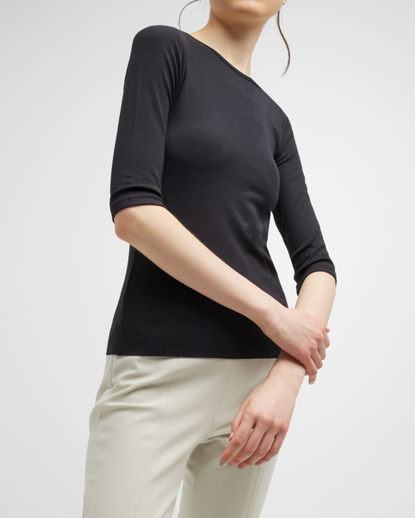 Black Scoop Neck Elbow Sleeve Stretch Viscose Top