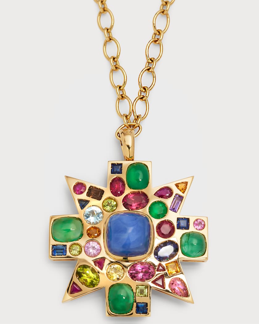 Verdura 18K Sapphire, Emerald and Colored Stone Byzantine Pendant Brooch  with Necklace Chain