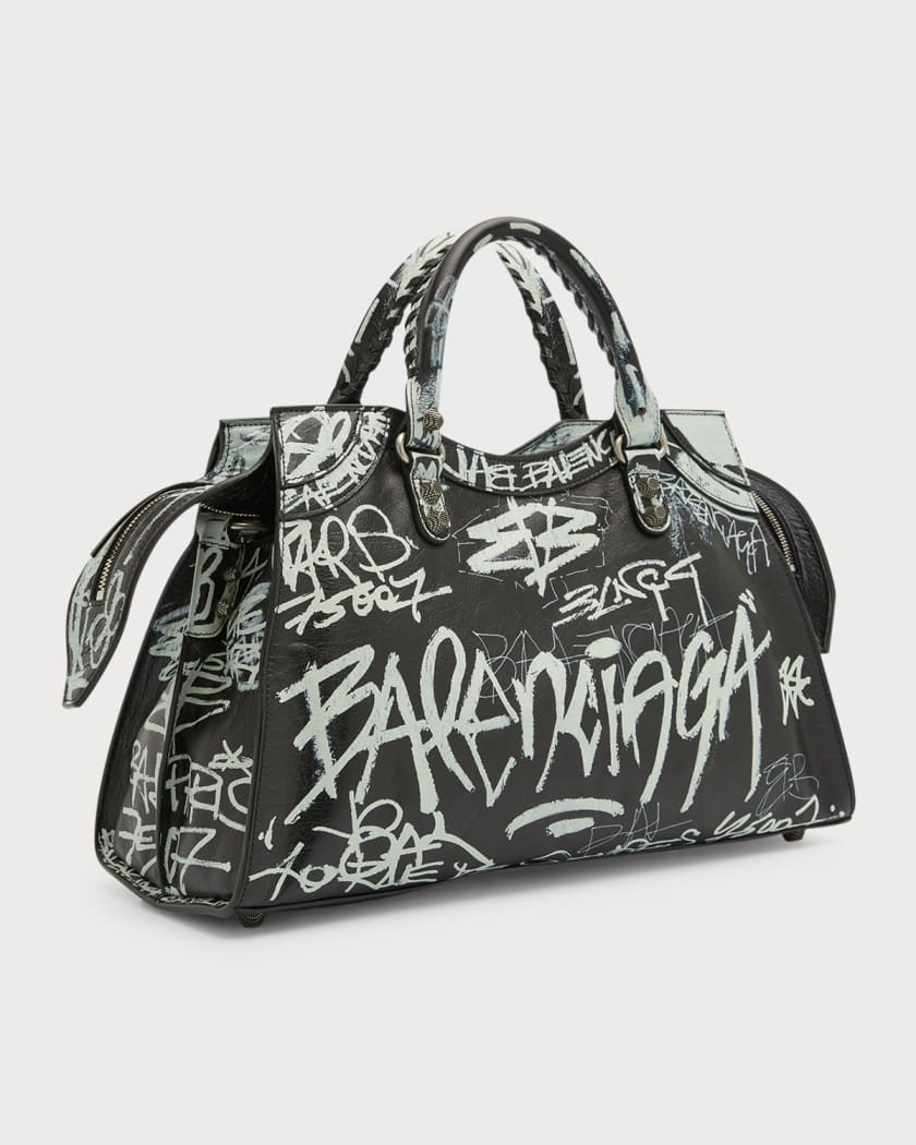 Balenciaga Black & White Graffiti Lambskin Small Classic City Bag