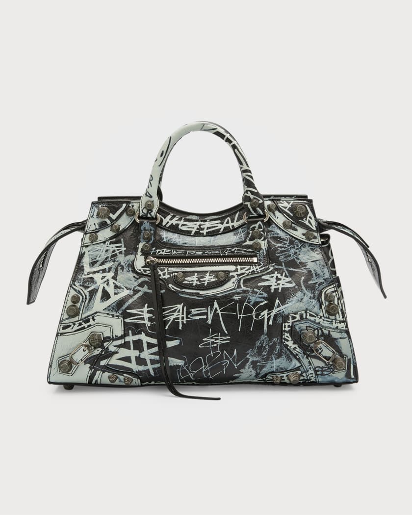 Balenciaga Graffiti-print Leather Shoulder Bag In Grey