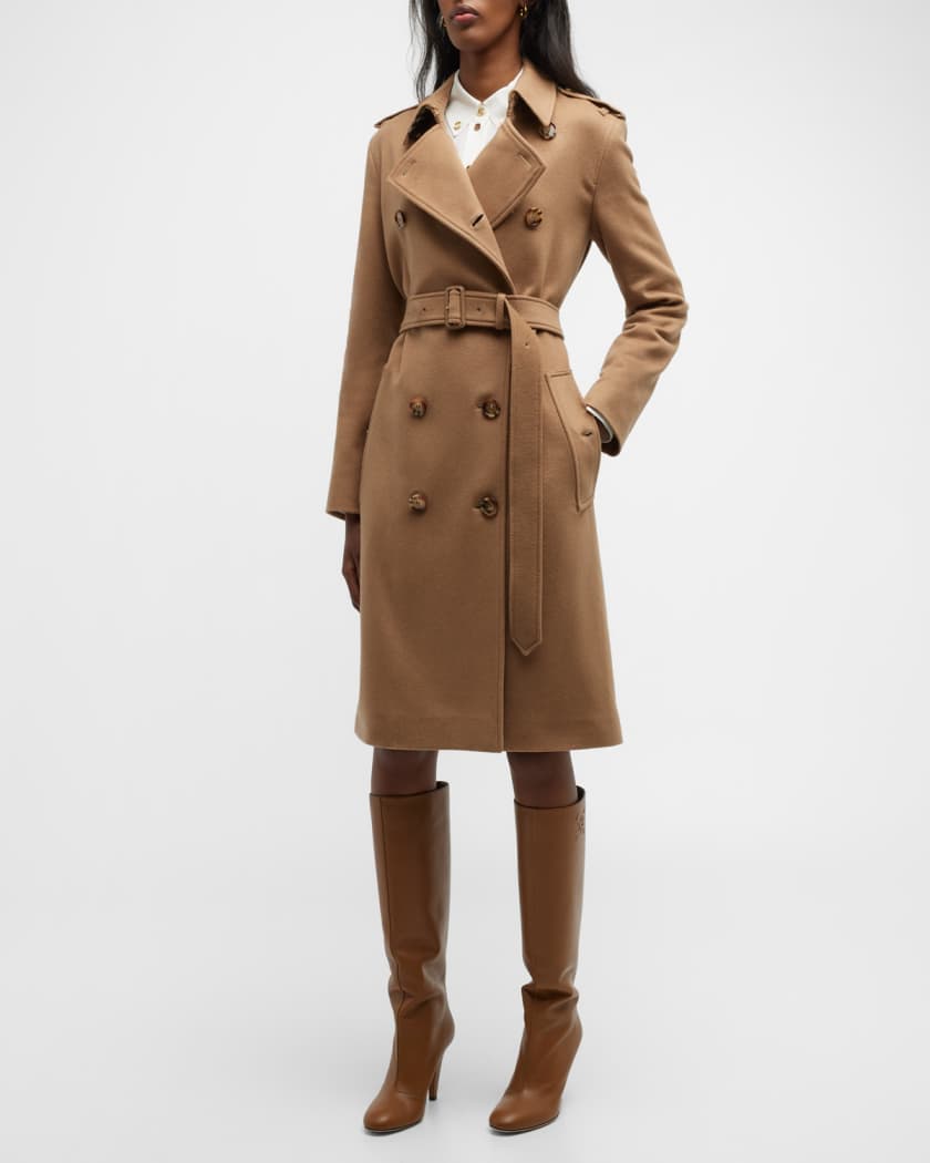 Burberry Kensington Double-Breasted Cashmere Trench Coat | Neiman Marcus