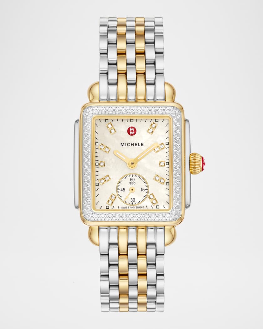 Michele Deco Mid Diamond Bracelet Watch Two Tone Gold