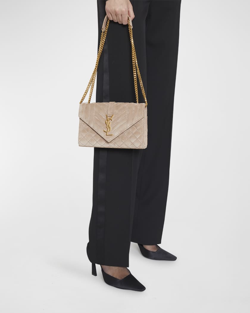Saint Laurent Triquilt Medium Ysl Monogram Suede V Flap Shoulder Bag Rosy Sand