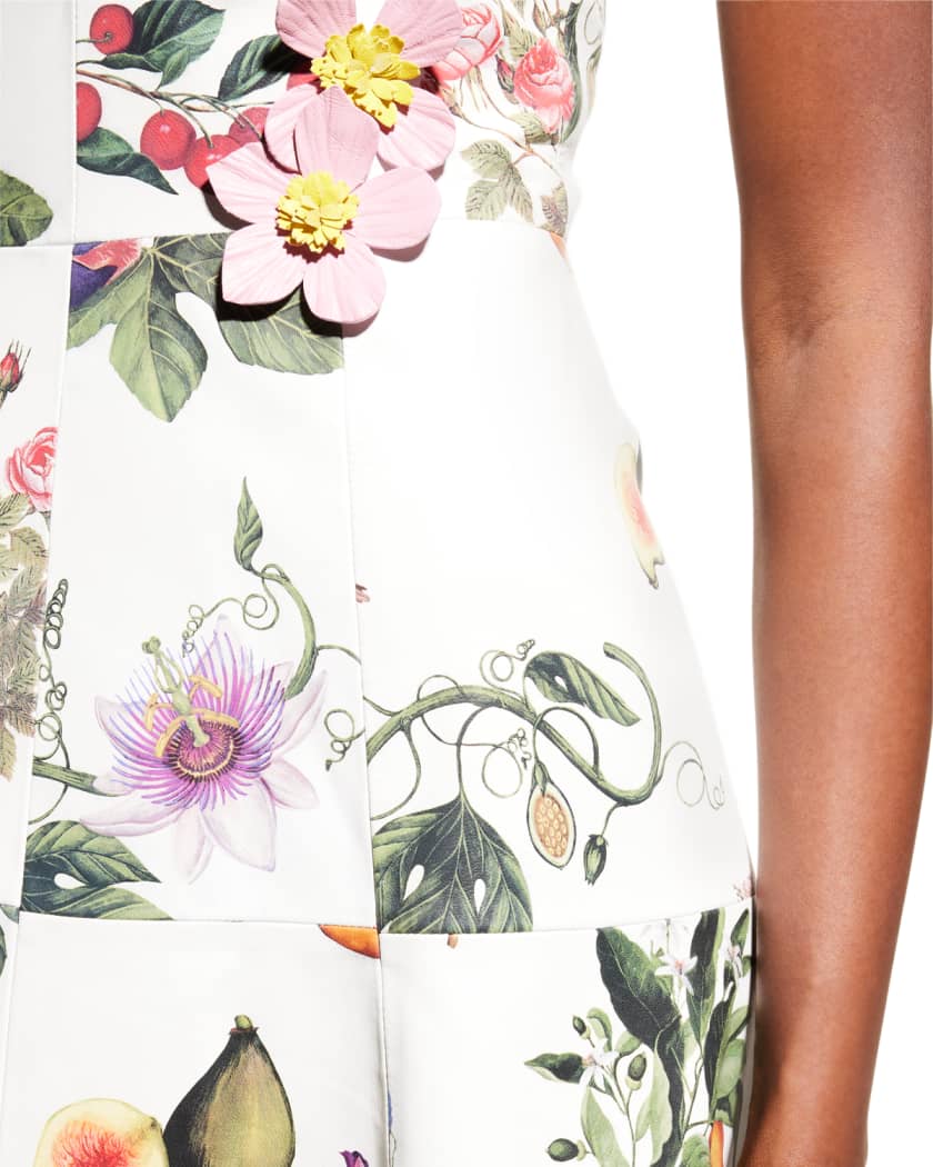 Botanical-Print Flower-Applique Leather Midi Dress