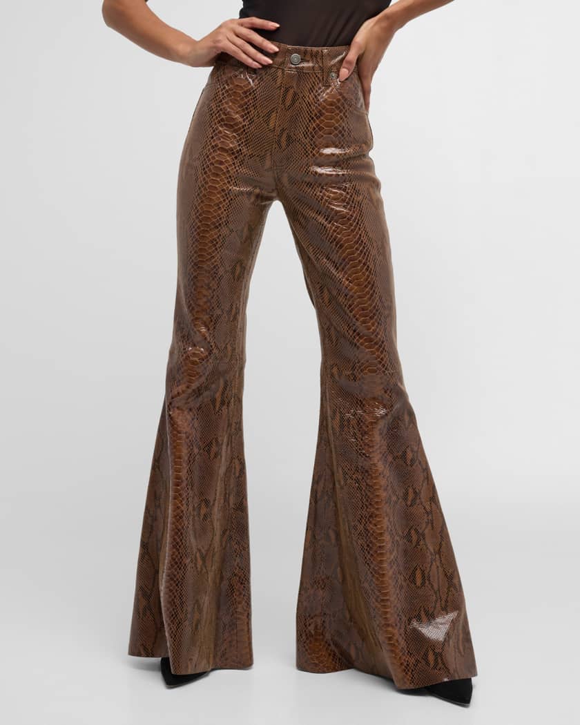 Women Snakeskin Bell Bottom Flare Pants Trousers Faux Fur Trim