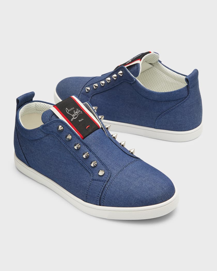 Christian Louboutin Men's Fique A Vontade Red Sole Denim Slip-On Sneakers, Blue, Men's, 11D, Sneakers & Trainers Slip-On Sneakers