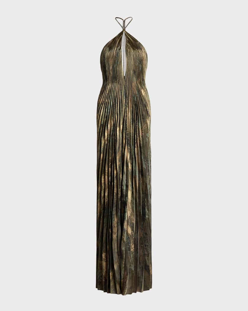 Ralph Lauren Collection Allston Crystal Halter Metallic Pleated Gown |  Neiman Marcus