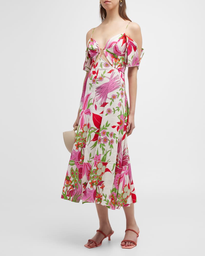 Dina Cutout Floral Linen-Blend Midi Dress