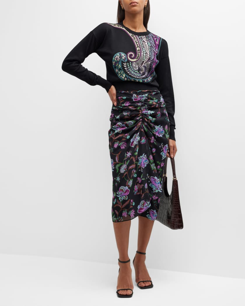 Etro Floral-Print Ruched Chiffon Midi Sarong Skirt | Neiman Marcus