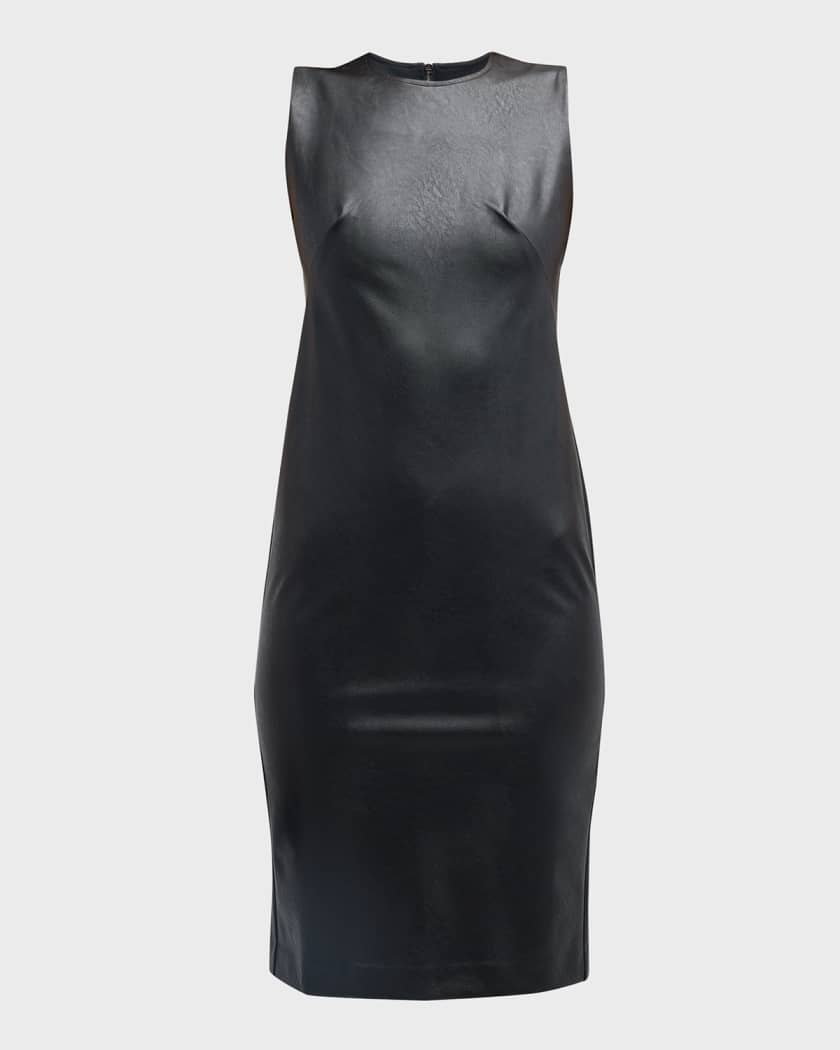 SPANX Women's Black Leather Like Sleeveless Mixed Media Sheath Dress