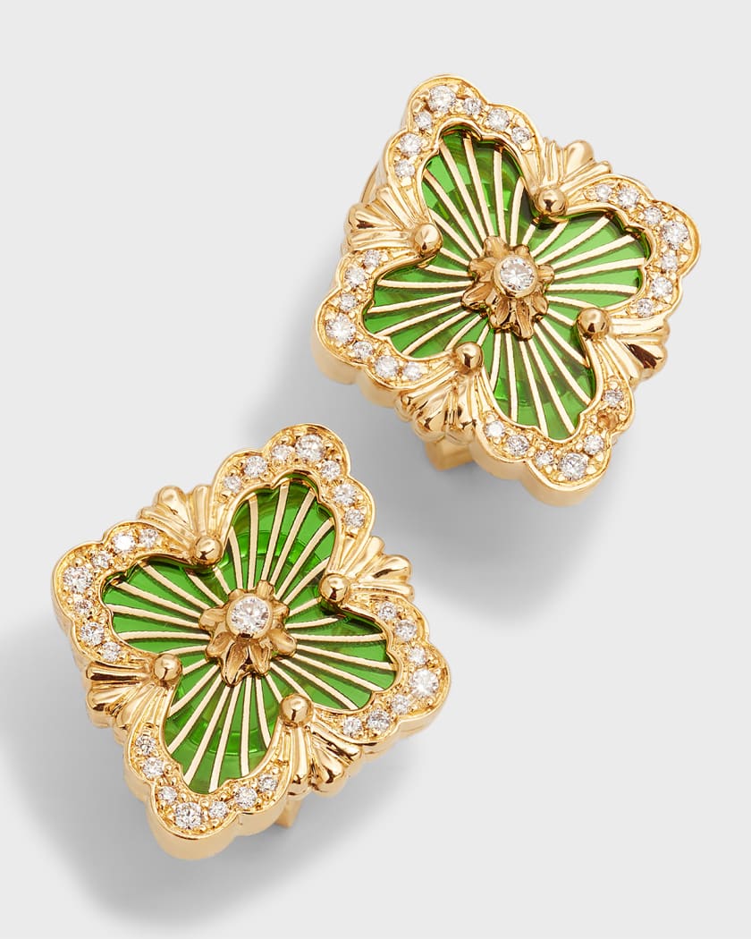 Buccellati Opera Tulle Medium Button Earrings in Green with Diamonds, Earrings Diamond Earrings