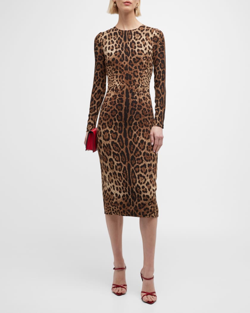 Leopard-Print Long-Sleeve Midi Dress
