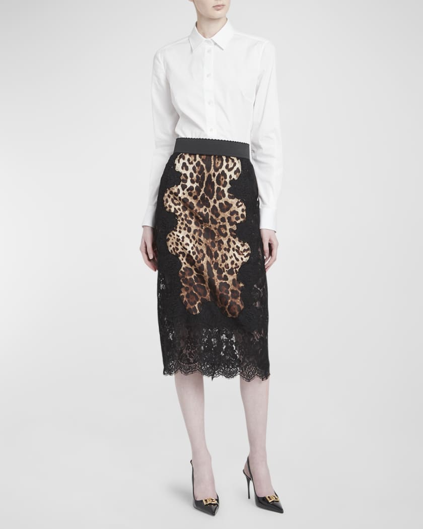 Leopard-Print Insert Lace Midi Skirt