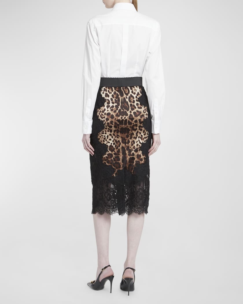 Leopard-Print Insert Lace Midi Skirt