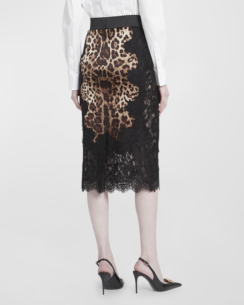 Leopard-Print Insert Lace Midi Skirt