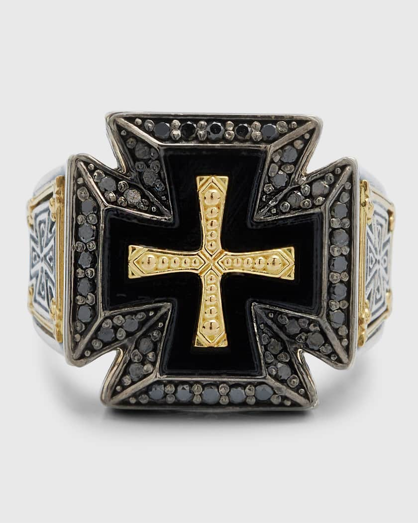 Konstantino Men's Black Diamond and Onyx Two-Tone Cross Ring 