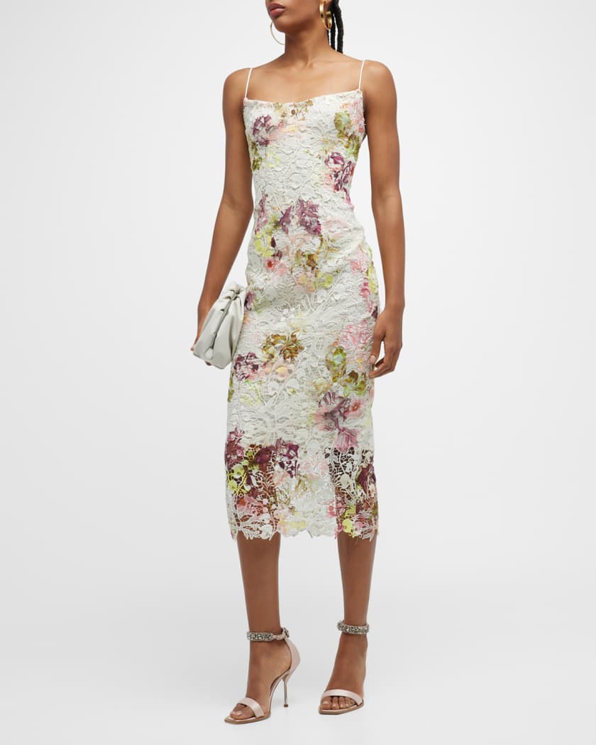 Monique Lhuillier Floral Lace Sleeveless Midi Sheath Dress