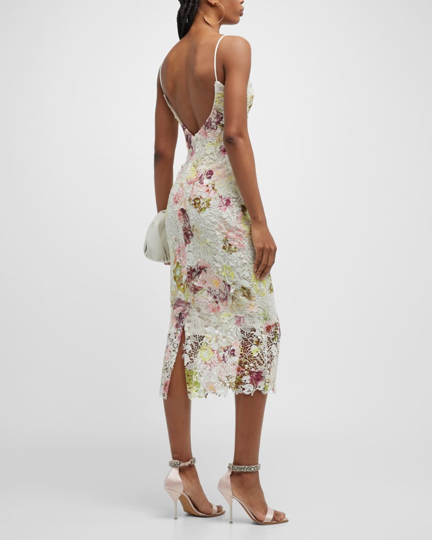 Monique Lhuillier Floral Lace Sleeveless Midi Sheath Dress
