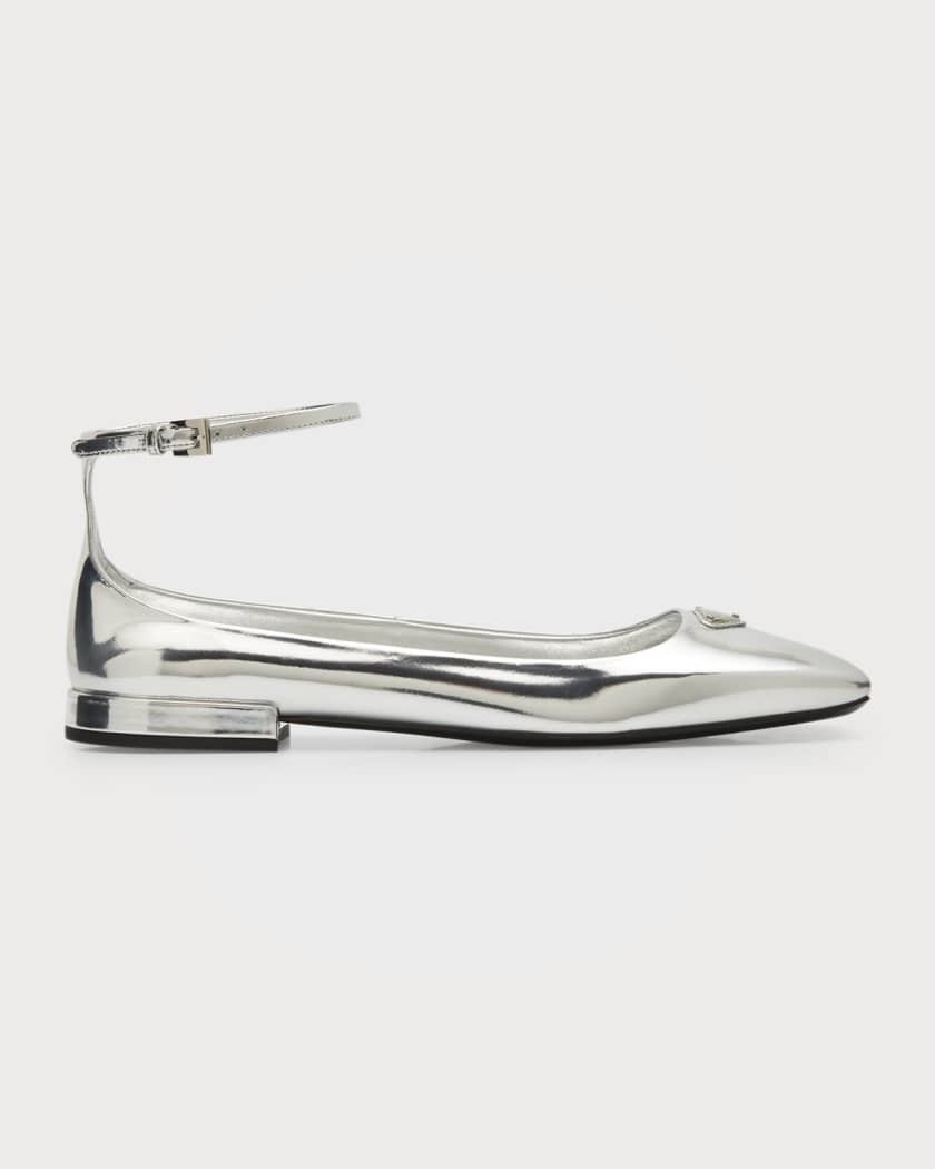 Prada Metallic Ankle-Strap Ballerina Flats | Neiman Marcus