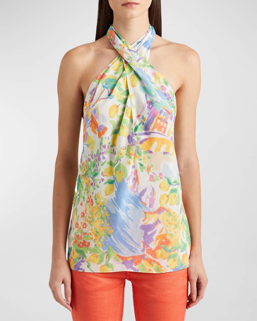 Ralph Lauren Collection Darby Painting-Print Crossover Halter Voile Blouse  | Neiman Marcus